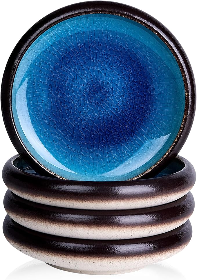 Ceramic Dinner Plates Set of 4, 8 Inch Large Porcelain Pasta and Salad Plates, Stoneware Plate Set for 4, Handmade Round Dishes for Home Decor, Microwave,Oven,and Dishwasher Safe, Blue