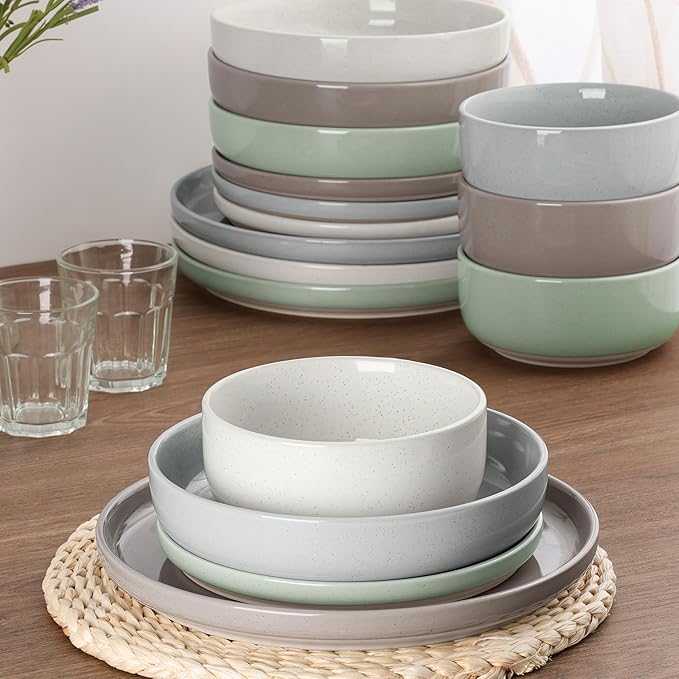 HaWare 16-Piece Plates and Bowls Set for 4, Stoneware Dinnerware Sets with Pasta Bowl, Dishes Set for Home Restaurant, Speckled Multicolor