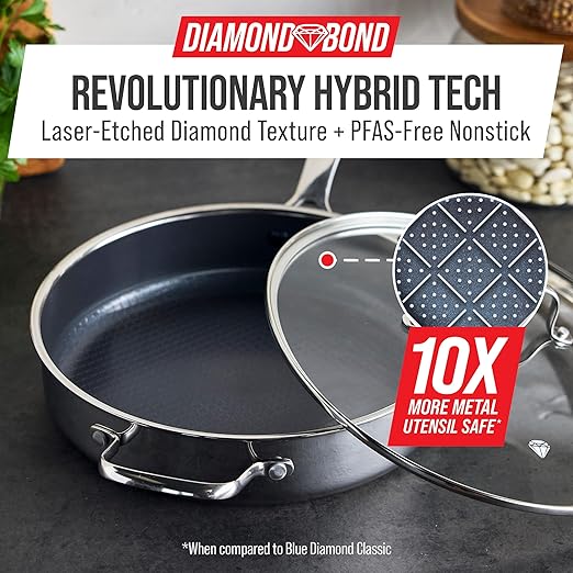 Blue Diamond Hybrid Nonstick Stainless Steel 4QT Saute Pan with Glass Lid, PFAS-Free Ceramic Diamond Bond, Deep Jumbo Skillet, Induction Ready, Dishwasher & Metal Utensil Safe, Stay-Cool Handle