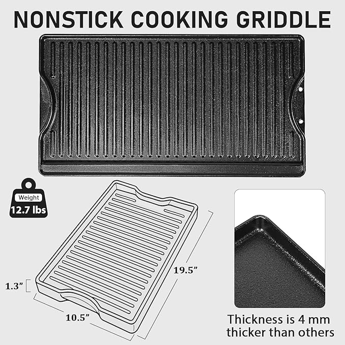Utheer Nonstick Reversible Cast Iron Griddle 19.5"x 10.5", Ceramic Cooking Surface, Flat & Ribbed Sides, with High Sides & Grease Trap, Stovetop Griddle for Gas Grill, Charcoal, Oven & Outdoor BBQ