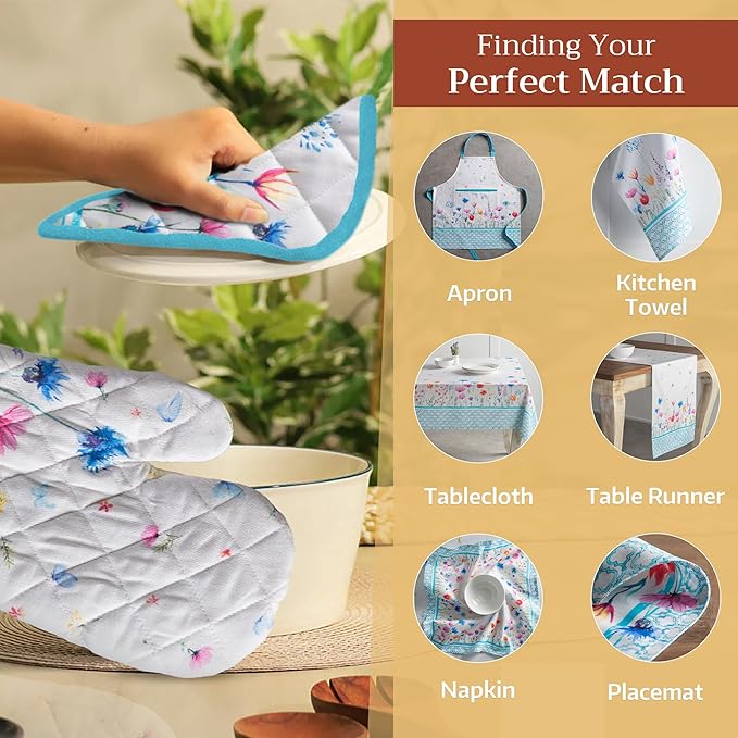 Maison d' Hermine Pot Holders 100% Cotton Heat Resistant Potholders 8" x 8" Hot Pads with Loop BBQ, Cooking, Baking, Grilling, Kitchen, Handling Hot Pans Spring/Summer (Pack of 1, Flower In The Field)