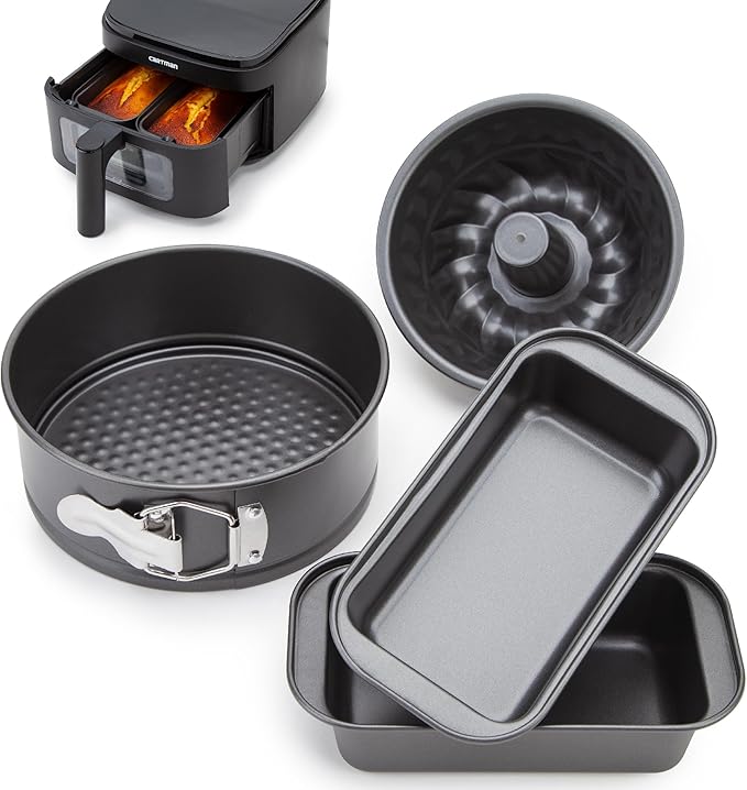 CARTMAN 4-Piece Air Fryer Bakeware Set, Non-Stick Carbon Steel Mini Springform, Bundt Cake Pan, 2 Loaf Pans, Fits Ninja, Chefman, Cosori, Instant Pot, Non-Toxic with Online Recipe Guide