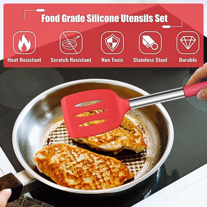 E-far 14 Pieces Silicone Cooking Utensils Set, Kitchen Utensils Set with Holder, Spatula, Ladle, Spoon, Tong, Slotted Turner for Nonstick Cookware, 446°F Heat Resistant & Stainless Steel Handle, Red