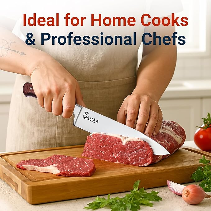 Chef Knife 8 Inch – Professional Stainless Steel Chef’s Knife with African Wood Wenge Handle & Mosaic Pin – Cuchillo de Cocina Profesional – Sharp Kitchen tool for Meat & Vegetables