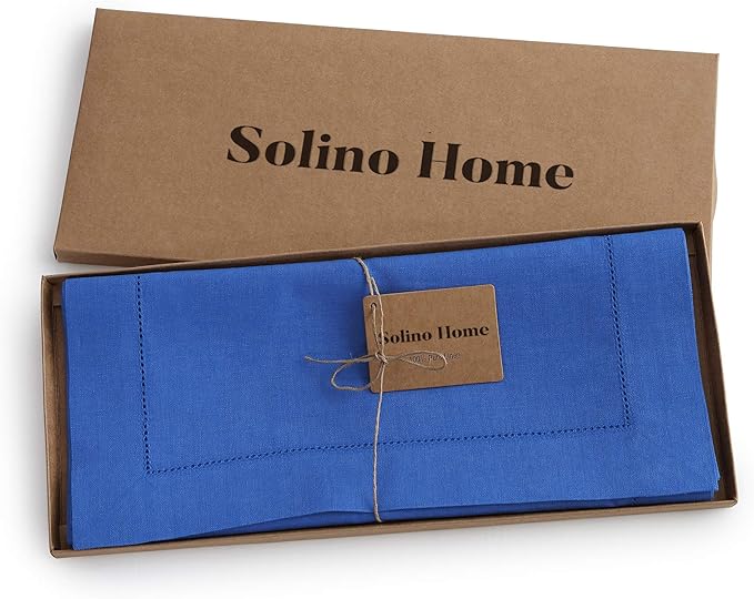 Solino Home Linen Royal Blue Table Runner 48 Inches - Classic Hemstitch, 100% Pure Linen Coffee Table Runner 14 x 48 Inch Ideal for Dresser Tables - Summer