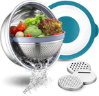 P&P CHEF 4-In-1 Stainless Steel Colander with Bowl Set, Rotatable Strainers for Kitchen, Fruit Cleaner, Washing Fruit & Draining Pasta, Mixing Bowl and Lid with Grater for Salad, Blue