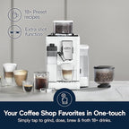 De'Longhi Rivelia Automatic Espresso Machine with Grinder & Milk Frother – All-in-One Coffee Maker, Hot & Iced Latte, Cappuccino, Bean Switch System, Burr Grinder, Compact Italian Design, White