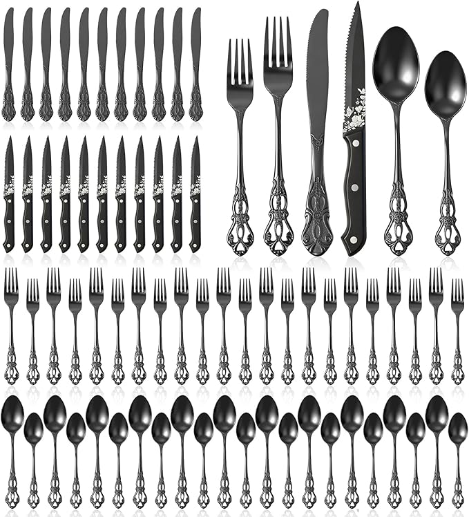 Black Gothic Silverware Set for 12, 72 Pcs Royal Silverware Flatware Set with Black Spoons Forks Knives, Stainless Steel Mirror Vintage Utensil, Dishwasher Safe