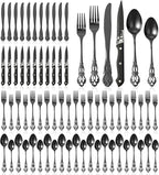 Black Gothic Silverware Set for 12, 72 Pcs Royal Silverware Flatware Set with Black Spoons Forks Knives, Stainless Steel Mirror Vintage Utensil, Dishwasher Safe