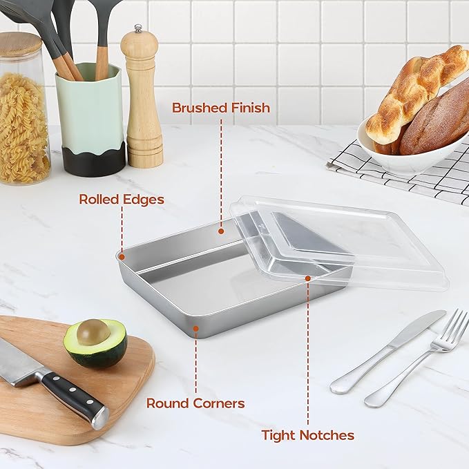 9¼ x 7⅛ x 2 Inch Baking Pan with Lid, Stainless Steel Lasagna Rectangular Cake Pan, 2 Pack