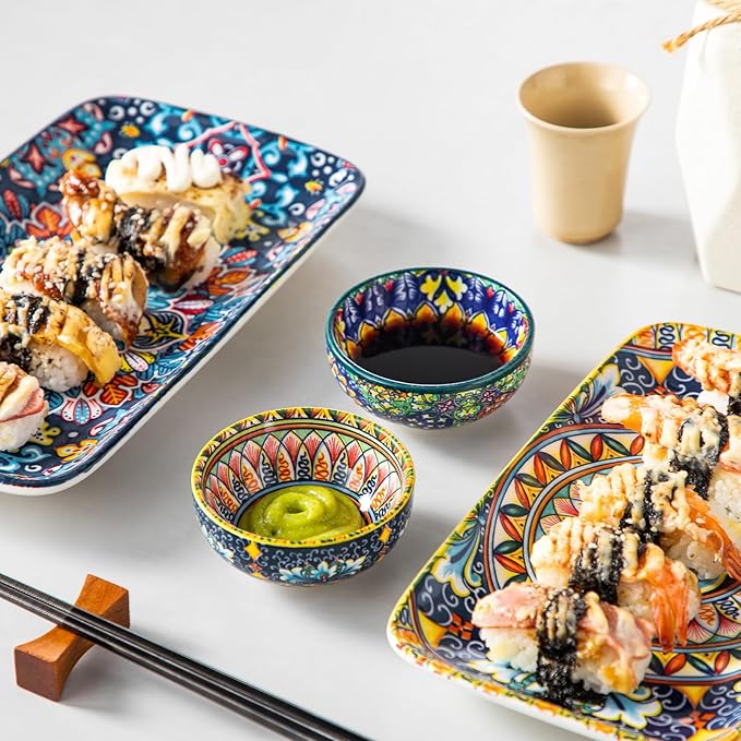 vancasso SIMI 2.7 Oz Ceramic Dipping Bowls Sets of 6, Bohemian Small Bowls for Sauce, 3 Inch Mini Appetizer Plates for Soy Sauce, Sushi, Condiments & Side Dishes, Microwave & Dishwasher Safe