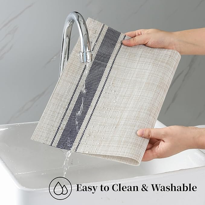 Leetaltree Khaki-Blue Placemats, Heat Resistant Non-Slip Place mats for Dining Table, Washable Durable PVC Vinyl Woven Table Mats (Set of 12)