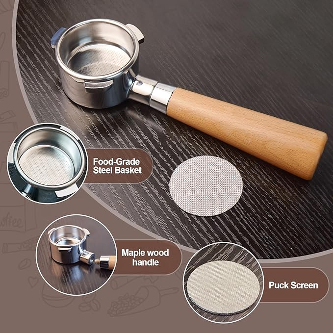 54 mm Bottomless Portafilter with Puck Screen, 3 Ears Espresso Portafilter Compatible with Breville Barista Express Machines,Stainless Steel Por tafilter and Maple Handle