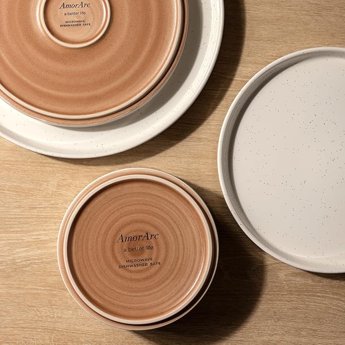 AmorArc Ceramic Dinnerware Set for 4 | Speckled Stoneware Plates and Bowls with unglazed terracotta | Scratch Resistant, Dishwasher & Microwave Safe Dishes Sets- 12-Pcs Beige