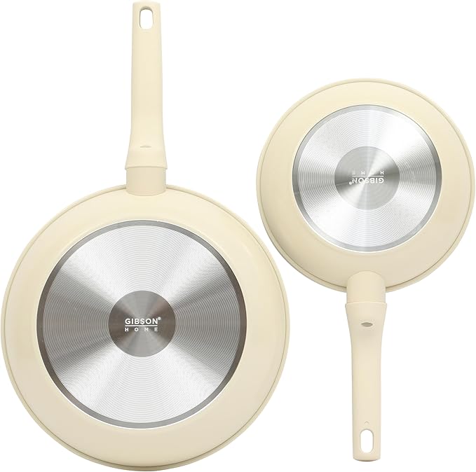 Gibson Home Barnsdall 2 Piece 8 & 10 Inch Aluminum Fry Pan Cookware Non-Toxic Ceramic Non Stick Frying Pan, Kitchen Egg Pan, Omelet Pan, Always Pan, Pots and Pans, Linen White, Induction Safe