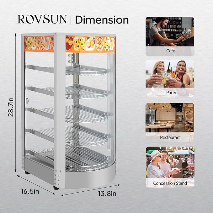 ROVSUN 5-Tier Commercial Food Warmer Pizza Warmer Countertop, Food Warmer Display with LED Lighting Removable Shelves Glass Door, Pretzel Warmer for Buffet Restaurant Cafe, 110V 800W