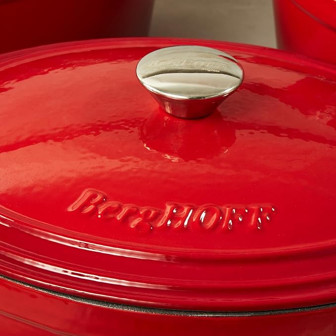 BergHOFF 10Pc Neo Enameled Cast Iron Cookware Set, Matching Lid, Oven Safe Up To 400°F, Red