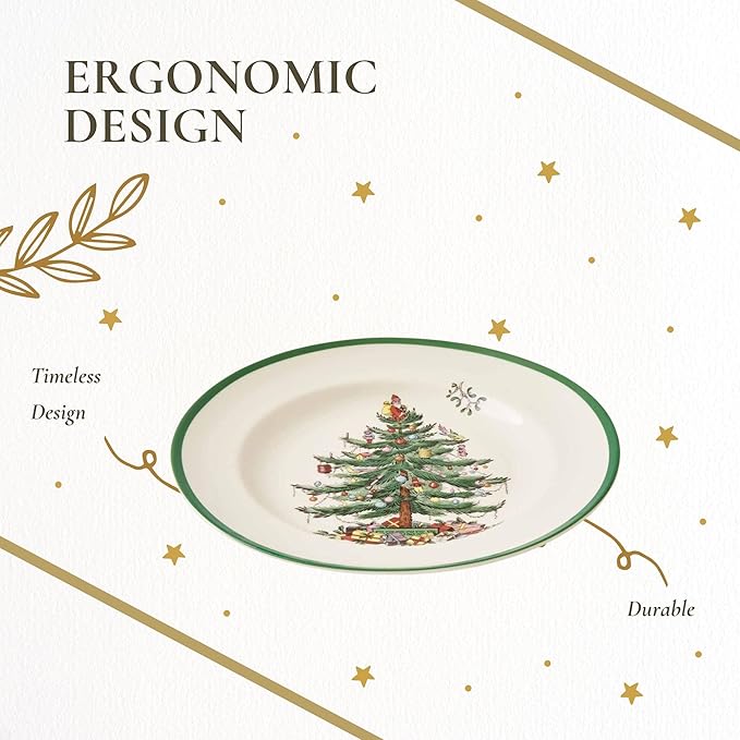 Spode Christmas Tree 10.5" Dinner Plate - Festive Holiday Stoneware Plate with Christmas Tree Design, Green Bordered Edges, Microwave, Dishwasher, Freezer, Oven Safe - Collectible Holiday Tableware