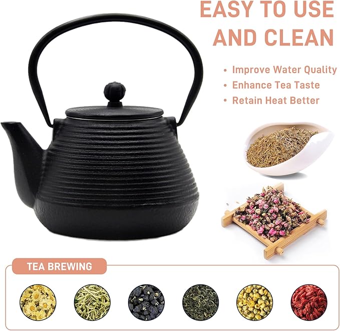 20.3oz Small Cast Iron Teapot, SECHUDO Cast Iron Tea Kettle for Stovetop Safe Coated with Enameled Interior, Cast Iron Tea Pot with Stainless Steel Infuser for Loose Tea (Black Pinstripe Pattern)