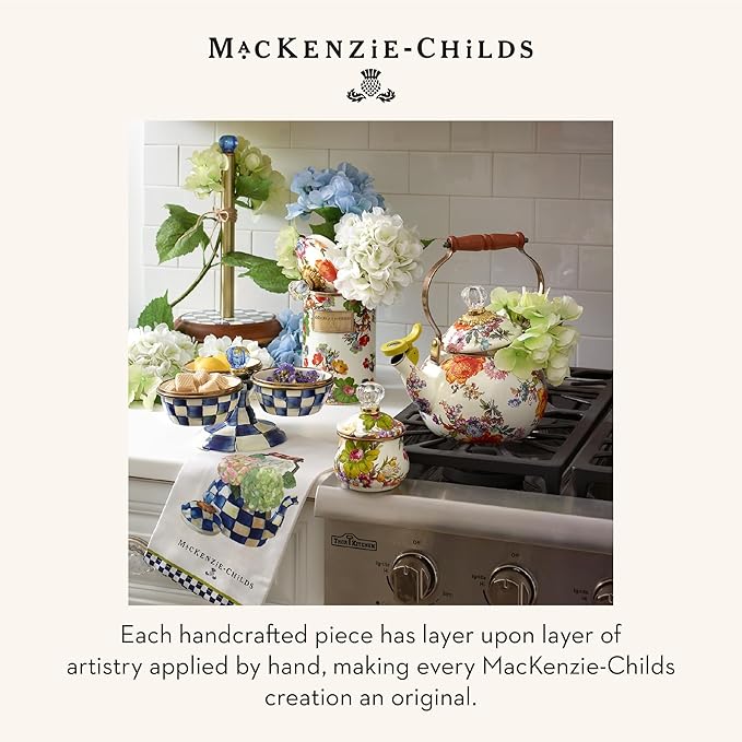 MACKENZIE-CHILDS Enamel Whistling Tea Kettle, Decorative Teapot for Stovetop, White Flower Market