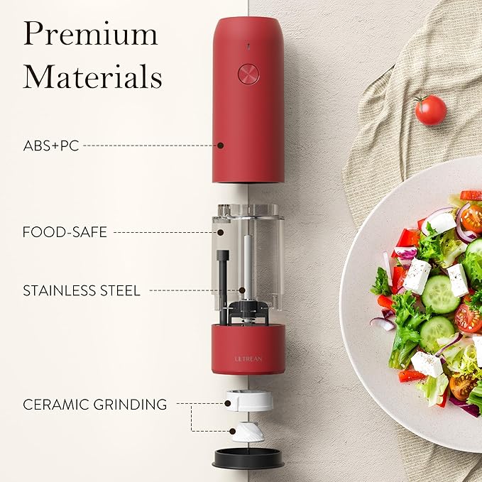 Ultrean Electric Pepper Grinder, Rechargeable Salt and Pepper Grinder with 6 Adjustable Coarseness, LED Light, One-Hand Automatic Operation, Crimson Red