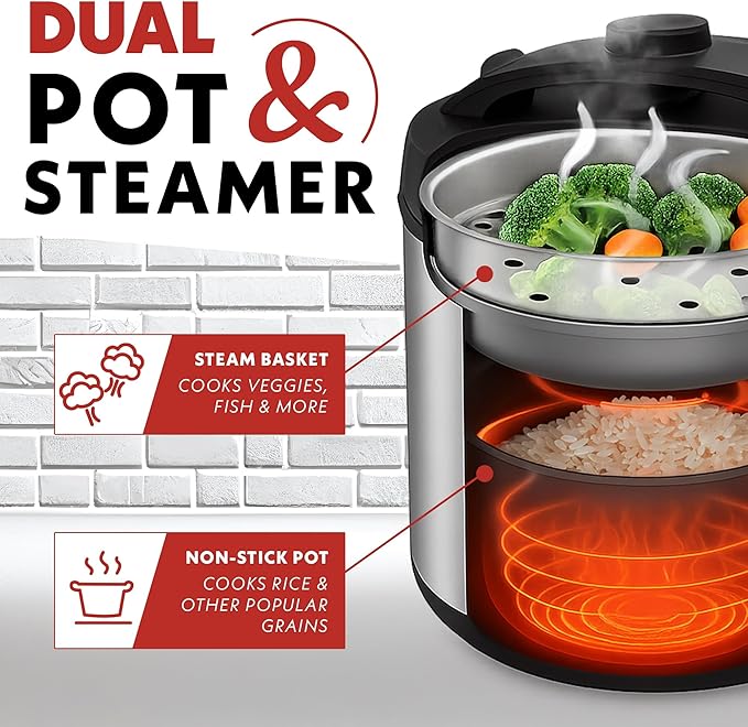 Gourmia Rice Cooker – 3 Qt Capacity, 12 Cup Cooked, 6 Cup Uncooked, Digital Controls, Grain Cooker & Steamer, Built-In Steamer Basket, Nonstick Ceramic Pot, Delay Timer, Keep Warm, Stainless Steel