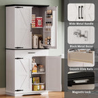 IRONCK Farmhouse Kitchen Pantry Cabinet, Tall Storage Cabinet with 6 Hanging Shelves and Adjustable Shelves, Freestanding Cupboard with Barn Doors for Kitchen, Dining Room，White/Black