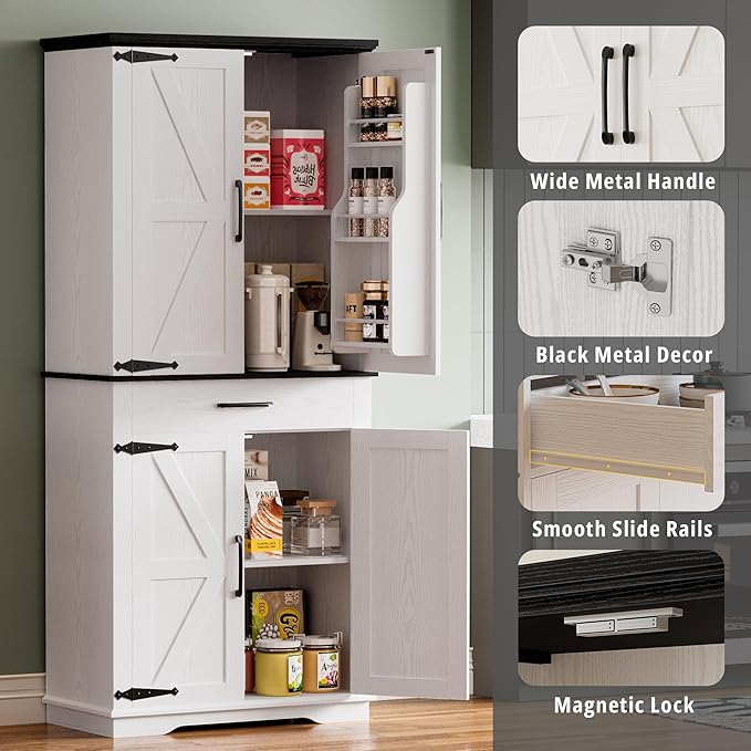 IRONCK Farmhouse Kitchen Pantry Cabinet, Tall Storage Cabinet with 6 Hanging Shelves and Adjustable Shelves, Freestanding Cupboard with Barn Doors for Kitchen, Dining Room，White/Black