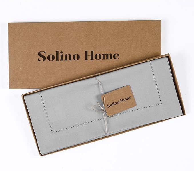 Solino Home Light Grey Table Runner 108 Inches Long - Cotton Linen Hemstitch 14 x 108 Inch Table Runner for Dining, Summer, Fall, Autumn