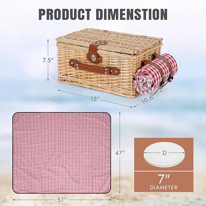 HappyPicnic Picnic Basket Set for 2 - Wicker Picnic Basket with Waterproof Blanket & Insulated Liner, Large Handmade Willow Hamper with Cutlery Kit for Outdoor, Picnic, Camping, Party, Holidays (Red)