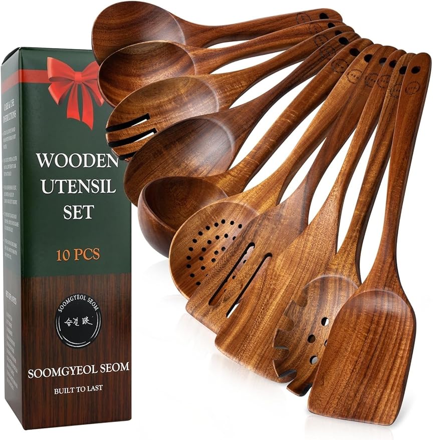 Wooden Spoons for Cooking – 10-Piece Teak Wood Cookware Utensil Set with Smooth Finish – Non-Stick, Comfortable Grip – Durable, Heat Resistant Kitchen Utensils