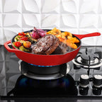 Utopia Kitchen Saute Frying Pan 12 Inch, Cast Iron Chefs Pan, Pre Seasoned Cast iron Skillet With Lid, Safe Grill Cookware for Indoor & Outdoor Use, Red
