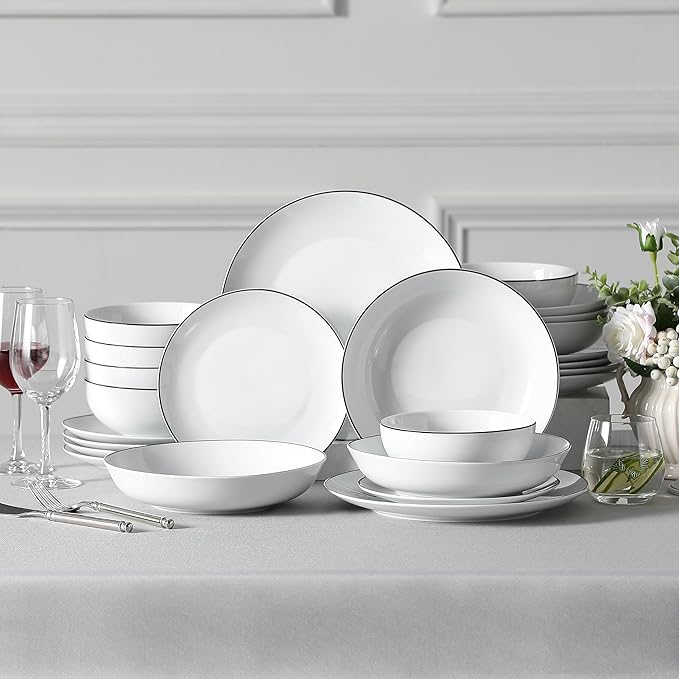MALACASA 24-Piece Gourmet Porcelain Dinnerware Sets, Modern White with Black Rim Round Dish Set for 6 - Premium Serving Plates and Bowls Sets for Dessert, Salad, Soup, Pasta - Series AMELIA