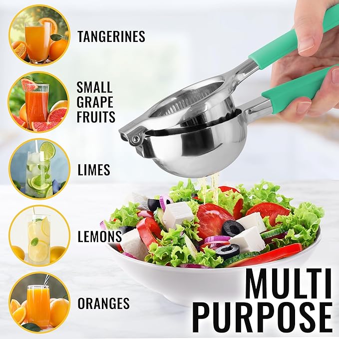 Zulay Lemon Squeezer Stainless Steel with Premium Heavy Duty Solid Metal Squeezer Bowl and Food Grade Silicone Handles - Large Manual Citrus Press Juicer and Lime Squeezer Stainless Steel (Mint)