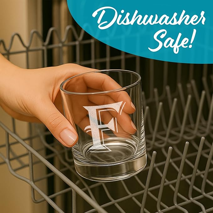 On The Rox Drinks 4 Piece Glass Set Engraved with F Monogram, 11 Ounce