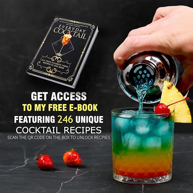 EVERYDAY COCKTAIL - Professional Glass Cocktail Shaker 14 oz, Martini Shaker with Recipes and Measurements, Built-in Strainer and Leakproof Seal, Clear Bar Tool for Margaritas, Martinis