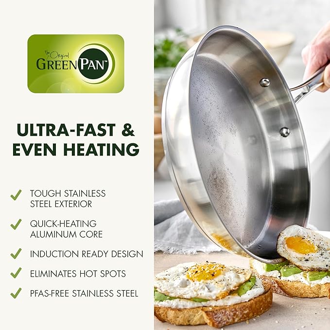 GreenPan 11 Piece Stainless Steel Cookware Set, Induction Ready, Tri-Ply Multiclad Pots & Pans with Lids, Compatible on All Cooktops, Measurement Markings, Dishwasher & Oven Safe,Swift, Silver Handles