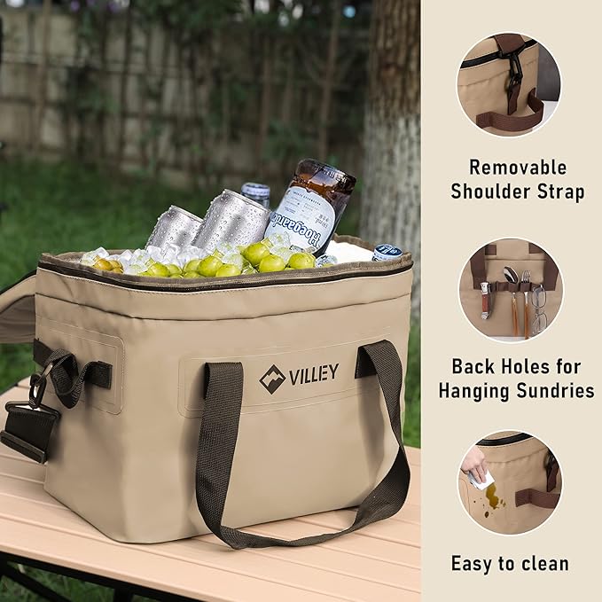 VILLEY Cooler Bag, 30 Cans Insulated Soft Cooler Bag, Large Beach Cooler with Removable Shoulder Strap, Keep Cold/Keep Fresh/Keep Warm, Portable Soft Sided Cooler for Camping Trip Picnic, 20L