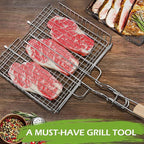 DOUBLE TWO - Stainless Steel Grill Basket, Grilling Baskets for Outdoor Grill, for Meat, Fish, Vegetable, BBQ Accessory, With Height Adjustable Cover & Detachable Handle, Easy to use, 1Pcs