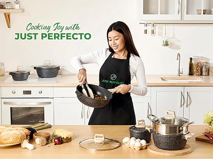 JUST PERFECTO Kitchen Pots and Pans Set with Lids Non Stick Induction Cookware Set Nonstick Frying Pans Set 14 Pcs Healthy Cooking Pots without PTFE and PFOA – Gray