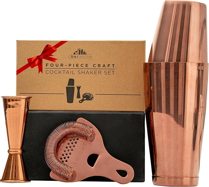 A Bar Above Cocktail Shaker Set, 4-Piece Professional Bartender Kit with Boston Shaker, Strainer, Jigger, and Bar Spoon, Stainless Steel Bar Accessories for Craft Cocktails, Antique Copper