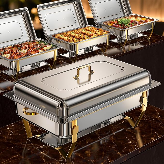 Gold Chafing Dishes for Buffet (9QT, 4 Pack) - Easy Assembly, Food-Grade Stainless Steel Chafers for Catering w/Rolled Edge Design, Foldable Frame, for Party, Banquet (Full Size Food Pan)