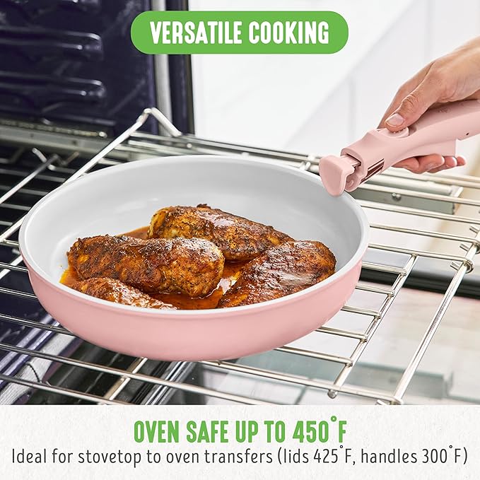 GreenLife 10 Piece Nonstick Pots & Pans Set, Detachable Handle & Stackable Cookware Set, Non Toxic PFAS-Free Skillets, Induction Kitchen Pans, Space Saving, Serving Bowls, Oven Safe, Light Pink