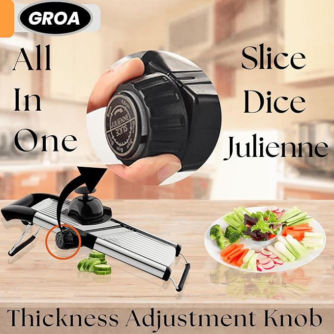 GROA Mandoline Slicer For Kitchen- Mandolin Potato Slicer Onion Slicer Veggie Slicer Tomato Slicer in Kitchen Essentials with Resistant Gloves- Adjustable Stainless Steel Vegetables Slicer Food Slicer