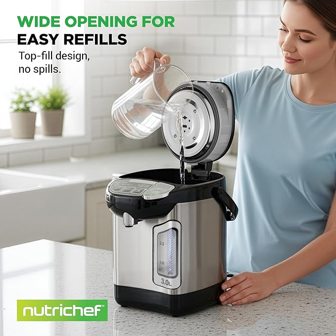 NutriChef Electric Water Boiler and Warmer - 3L/3.17 Qt Stainless Steel Electric Hot Water Dispenser w/Rotating Base, Auto Shut Off, Safety Lock, Instant Heating for Coffee & Tea (NCHUB13)