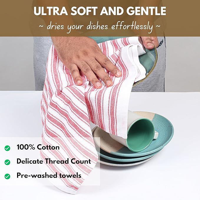 Native Fab 100% Cotton Red Kitchen Towels - 16x26 inches - Set of 4 - Basket Weave Stripe Dish Towels for Cleaning, Drying Dishes, Absorbent Dish Cloths Set with Hanging Loop - Red White