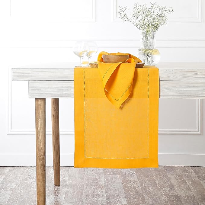 D'Moksha Homes Linen Sunflower Yellow Table Runner 108 Inches Long - 100% Pure Linen 14 x 108 Inch Table Runner for Summer, Fall and Halloween - Classic Hemstitch