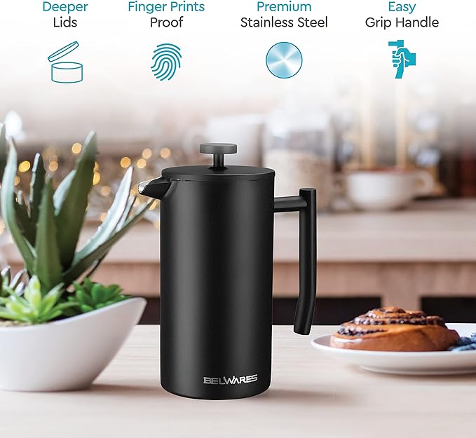 Belwares French Press Coffee Maker 50 OZ - Large Insulated Stainless Steel 304 Coffee Press with Double Wall & 4-Level Filtration System (Black - 1.5L)