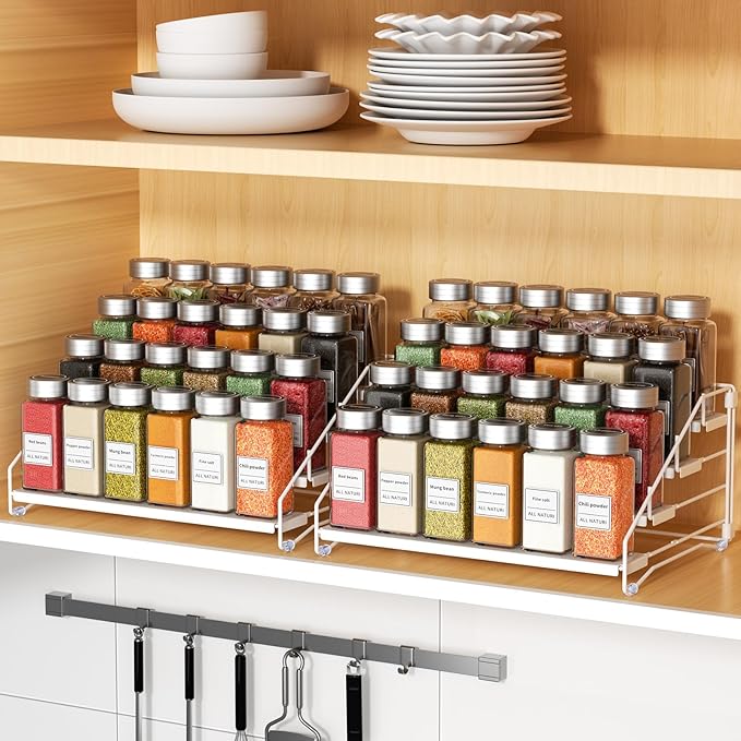 RCHYFEED Spice Rack Organizer for Cabinet,4 Tier Spice Organization for Cabinet Easy Visibility,Tierd Spice Rack Seasoning Organizer for Kitchen Countertop Pantry,Metal(White, 2Pack)