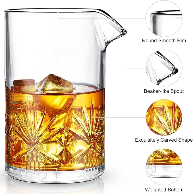 Cocktail Mixing Glass, veecom 18oz Mixing Glass 10 Piece Old Fashioned Kit, Cocktail Mixing Glass Set Bartender Kit with Cocktail Strainer, Muddler, Spoon, Jigger, Ice Tongs, Picks, Pourers, Bar Set